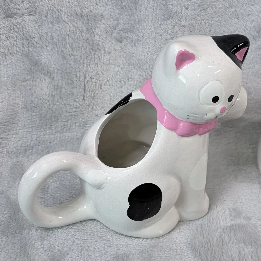 Vintage Ceramic Cat Creamer & Sugar Bowl Set Pink Bow Kitty Kitsch Kitchen Decor